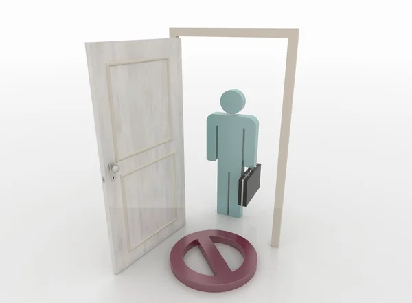 Homme d'affaires devant une porte ouverte avec accès refusé Symbole, 3D Render — Photo