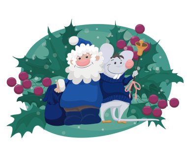 Noel Baba 'nın ve arka planda Holly' nin yaprakları olan farelerin olduğu şirin bir noel kartı.