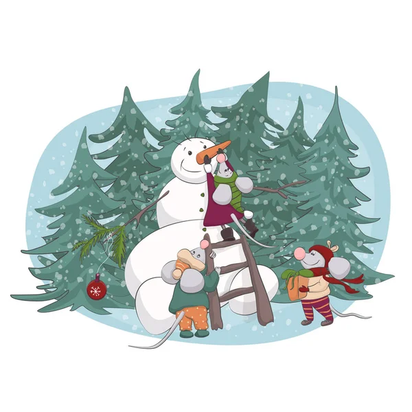 Three Cute Mouses Making Snowman Forest Vector Illustration — Stock Vector