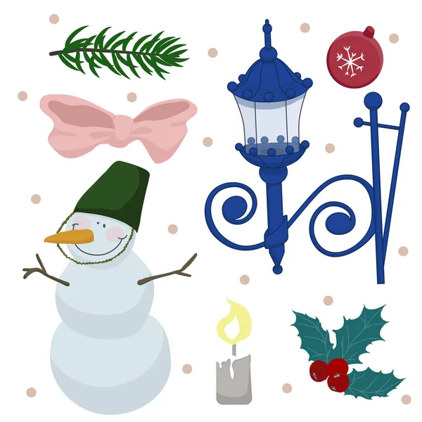 Vector Set Winter Holidays Clip Arts Snowman Lantern Holly Ribbon — Stock Vector