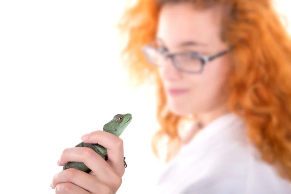 Veterinario con lagarto verde — Foto de Stock