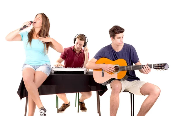 Amigos Adolescentes Tocando Instrumentos Musicais Isolados Branco — Fotografia de Stock