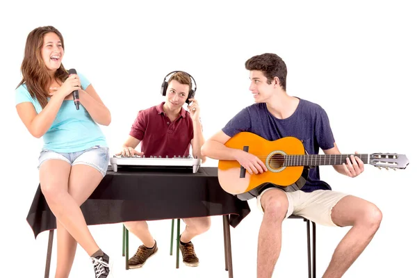 Teenage Friends Playing Musical Instruments Isolated White — Stock Photo, Image