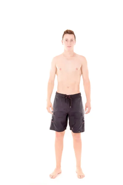 Tonårspojke Med Strand Shorts Isolerad Vitt — Stockfoto