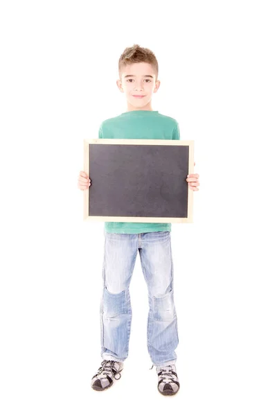 Menino Segurando Quadro Negro Isolado Branco — Fotografia de Stock