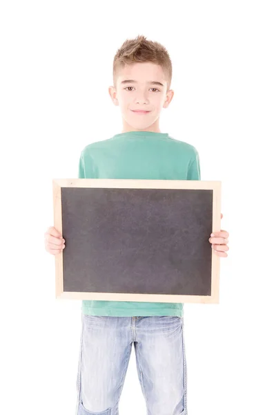 Niño Sosteniendo Pizarra Aislado Blanco — Foto de Stock