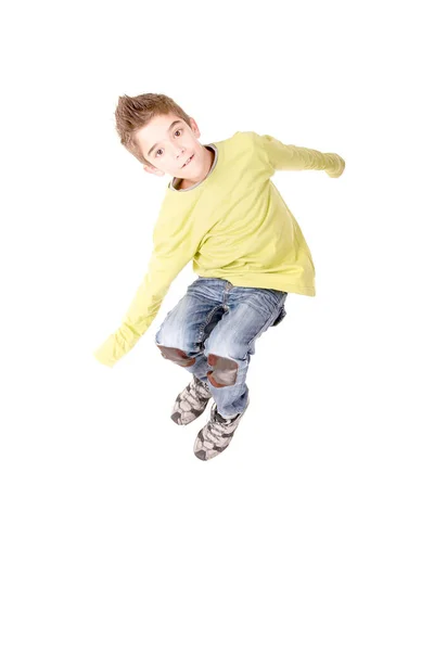 Pequeño Niño Saltando Aislado Fondo Blanco —  Fotos de Stock