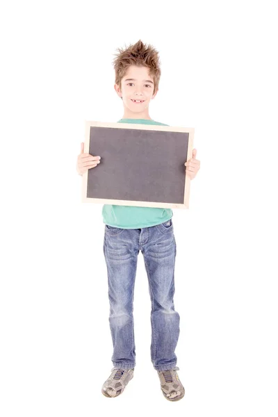Mały Chłopiec Trzymając Tablicę Izolowane Kolorze Białym — Zdjęcie stockowe