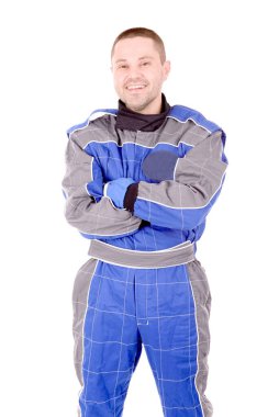 Beyaz arkaplanda yarış sürücüsü izole edildi