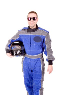 Beyaz arkaplanda yarış sürücüsü izole edildi