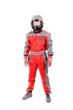 Beyaz arkaplanda yarış sürücüsü izole edildi