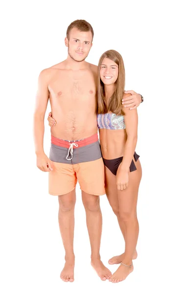 Paar Mit Strandkleidung Isoliert Weiß — Stockfoto