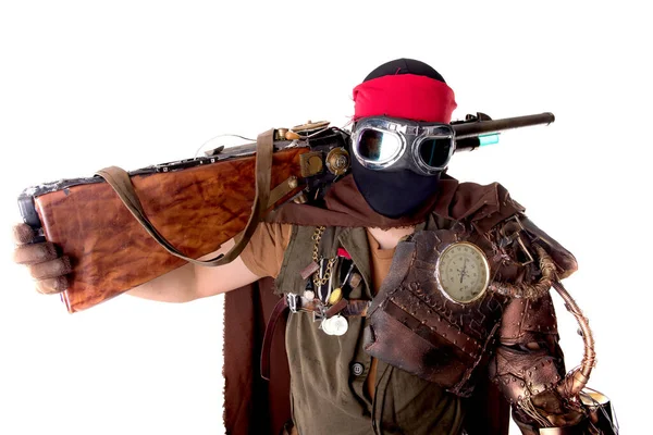 Steampunk Post Apokalyptischer Soldat Posiert Isoliert Weiß — Stockfoto