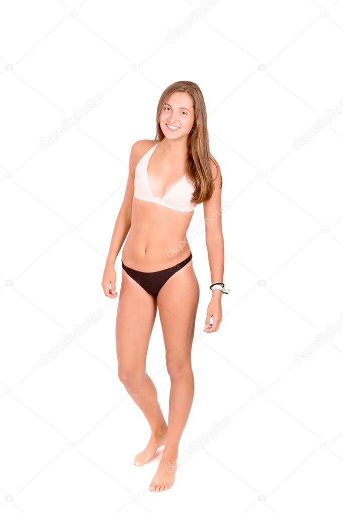 teenage girl with beach clothes isolated in white