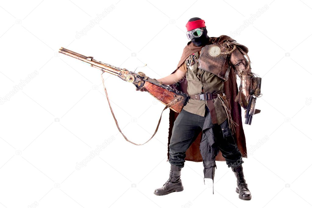 steampunk post-apocalyptic soldier posing isolated in white