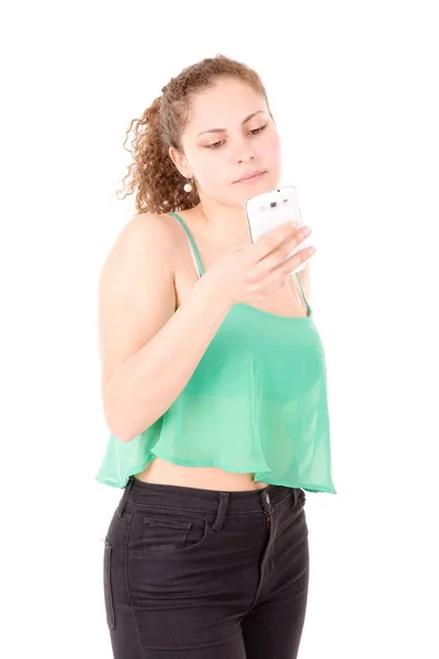 Adolescente Falando Telefone Isolado Branco — Fotografia de Stock