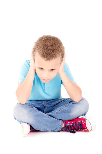 Little Boy Covering His Ears Isolated White — Stock Photo, Image