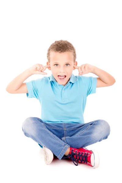 Little Boy Covering His Ears Isolated White — Stock Photo, Image