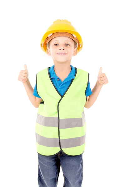 Little Boy Pretending Contruction Worker Isolated White — Stock Photo, Image
