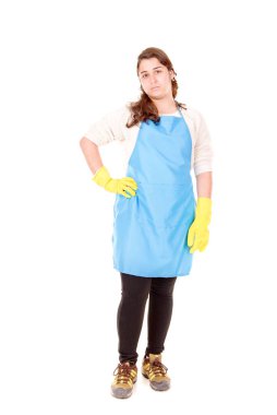 Beyaz arka planda izole edilmiş temizlikçi kadın