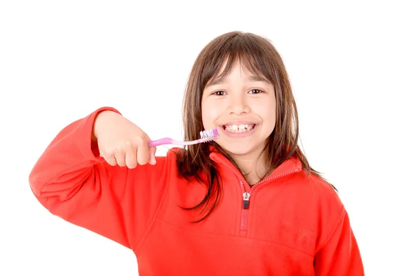 Menina Escovando Dentes Isolados Branco — Fotografia de Stock