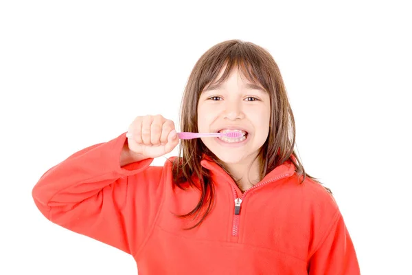 Menina Escovando Dentes Isolados Branco — Fotografia de Stock