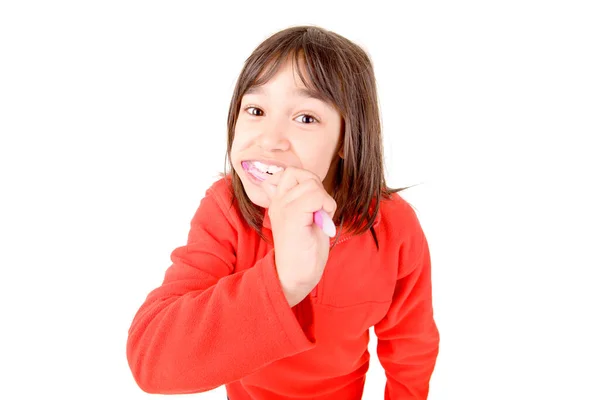 Menina Escovando Dentes Isolados Branco — Fotografia de Stock