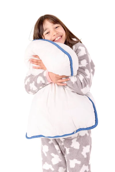 Klein Meisje Haar Pyjama Bed Geïsoleerd Wit — Stockfoto