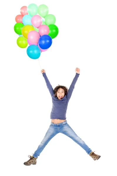 Liten Flicka Leker Med Ballonger Isolerade Vitt — Stockfoto