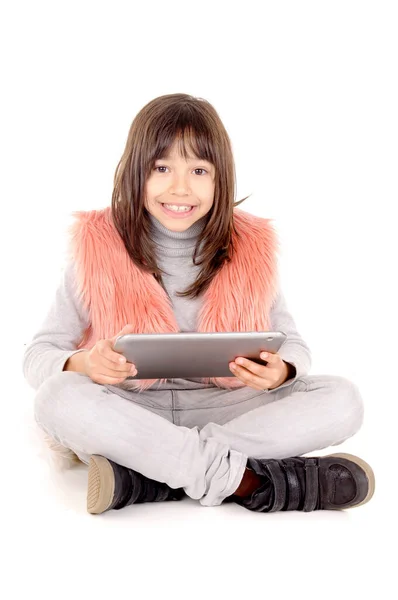 Little Girl Playing Tablet Isolated White — Stock Photo, Image