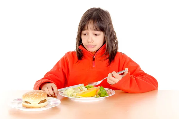 Little Girl Torn Hamburguer Vegetables Isolated White Background — Stock Photo, Image
