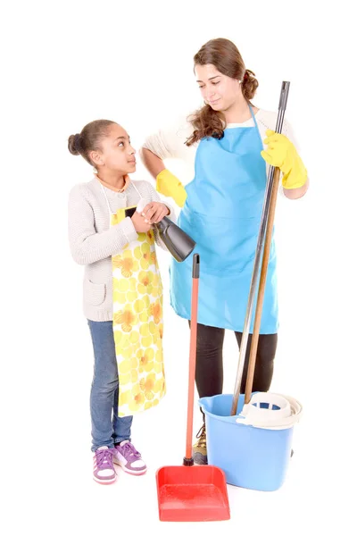 Limpeza Senhora Ensino Jovem Menina Isolado Fundo Branco — Fotografia de Stock