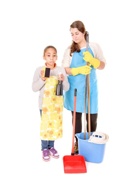 Limpeza Senhora Ensino Jovem Menina Isolado Fundo Branco — Fotografia de Stock