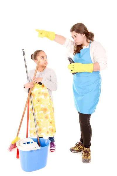 Limpeza Senhora Ensino Jovem Menina Isolado Fundo Branco — Fotografia de Stock