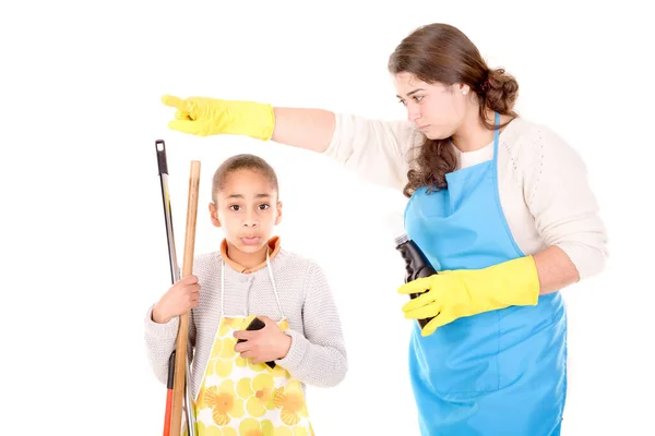 Putzfrau Unterrichtet Junges Mädchen Isoliert Vor Weißem Hintergrund — Stockfoto