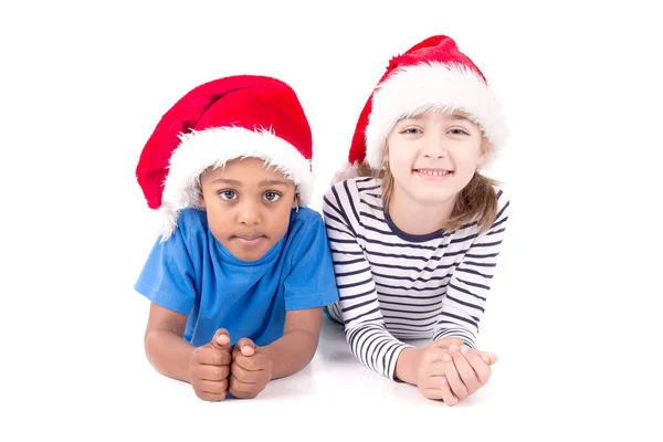 Bambini Piccoli Con Cappello Natale Isolato Bianco — Foto Stock