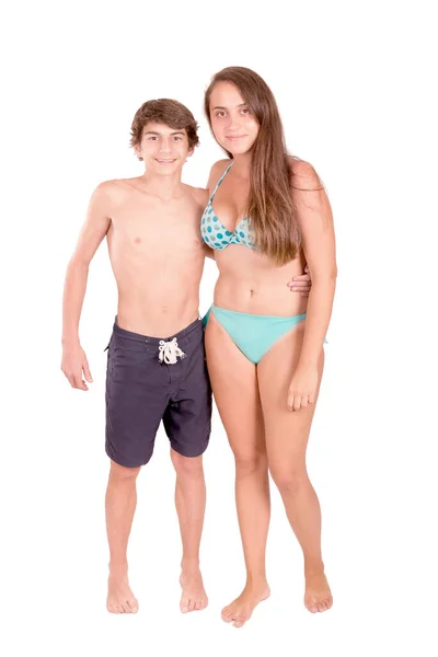 Adolescenti Con Abiti Spiaggia Isolati Bianco — Foto Stock
