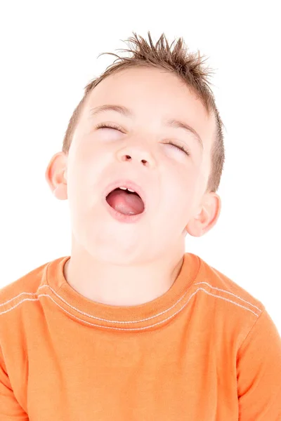 Μικρό Αγόρι Κάνει Διάφορες Εκφράσεις Του Προσώπου Απομονώνονται Λευκό — Φωτογραφία Αρχείου