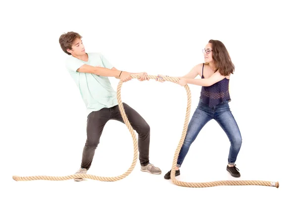 Young Couple Fighting Rope Isolated White — Stock Photo, Image