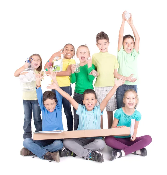 Grupo Niños Reciclando Aislados Blanco Fotos de stock