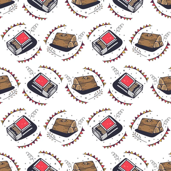 Firewood and matches. Seamless pattern on a white background. Cute vector illustration. — Stock Illustration Firewood Matches Seamless Pattern White Background Cute Vector Illustration Royalty Free Stock Vectors