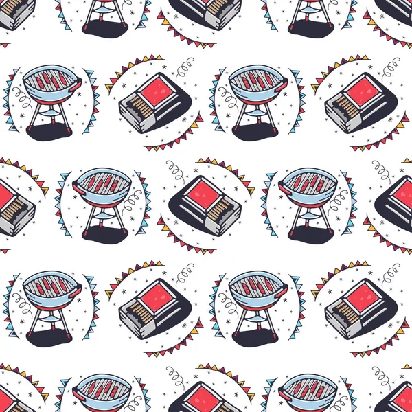 Grills and matches. Seamless pattern on a white background. Cute vector illustration. — Stock Illustration Grills Matches Seamless Pattern White Background Cute Vector Illustration Vector Graphics