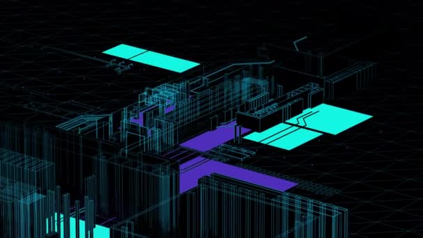 コンピュータデジタルサイバー空間デジタルシティ コンピュータシステム内の仮想都市を抽象化する ホログラム3Dビッグデータデジタルシティ バイナリコード粒子ネットワークを備えたデジタルビル 技術と接続の動きの背景 — ストック動画