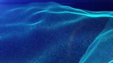 Dijital Fütüristik Akan Parçacıklar Dalgaları. Sanal gerçeklikte, dijital olarak üretilen hareket grafiği dalgaları soyut siber uzay ortamında, odak soyut döngü arkaplanını temizler.