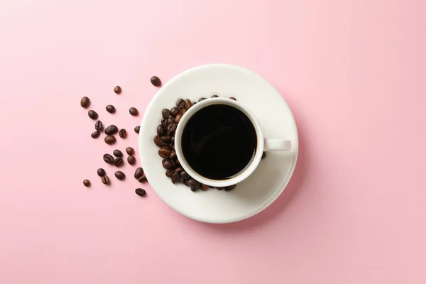 Cup Coffee Beans Pink Background — Stock Photo, Image