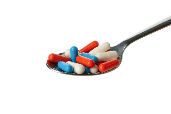 Spoon Medicine Capsules Isolated White Background — Stock Photo, Image