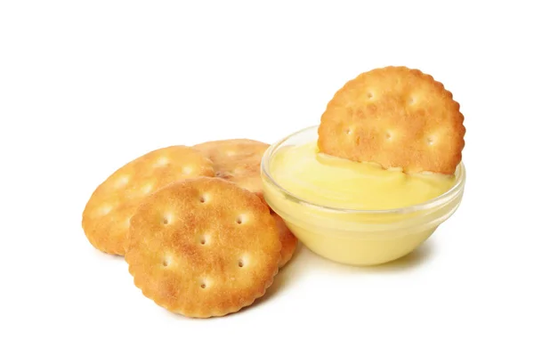 Cracker Biscuits Cheese Sauce Isolated White Background — Stock Photo, Image