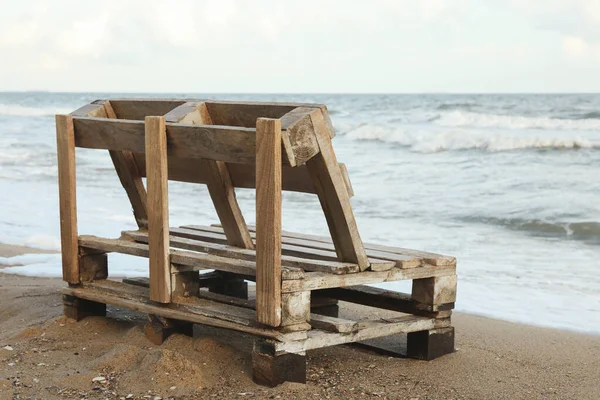 Wooden Bench Beautiful Sandy Sea Beach Stock Picture