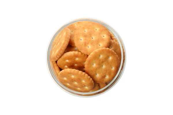 Skleněná Sklenice Cracker Sušenky Izolované Bílém Pozadí — Stock fotografie