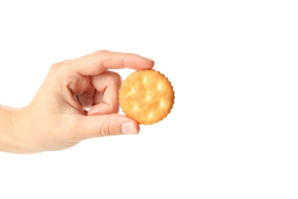 Mão Feminina Segurar Biscoitos Biscoitos Biscoitos Isolado Fundo Branco — Fotografia de Stock